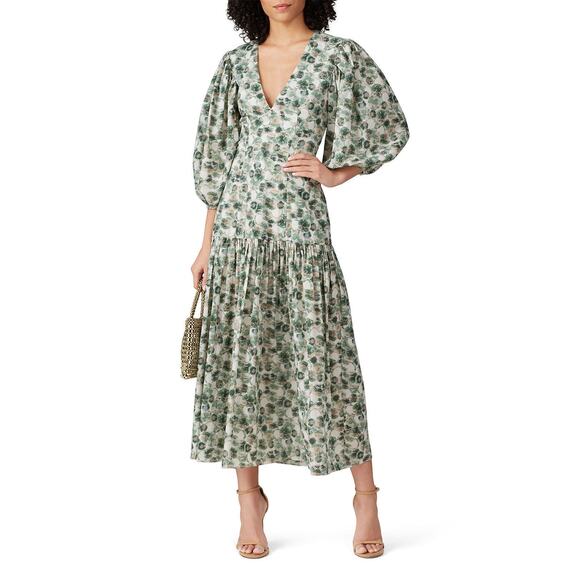 MARYSIA Green White Floral Printed 100% Cotton Drop Waist Imperialis Dress M - Picture 1 of 16